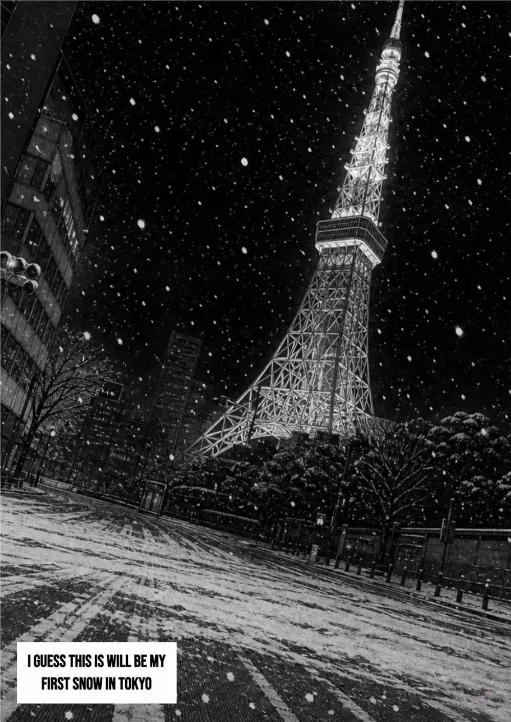 Bad Memories, The Winter, page 5: Tokyo Tower in falling snow.