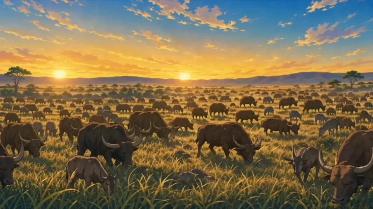 EBA, season 1, episode 1: a herd grazing on the savanna at sunset.