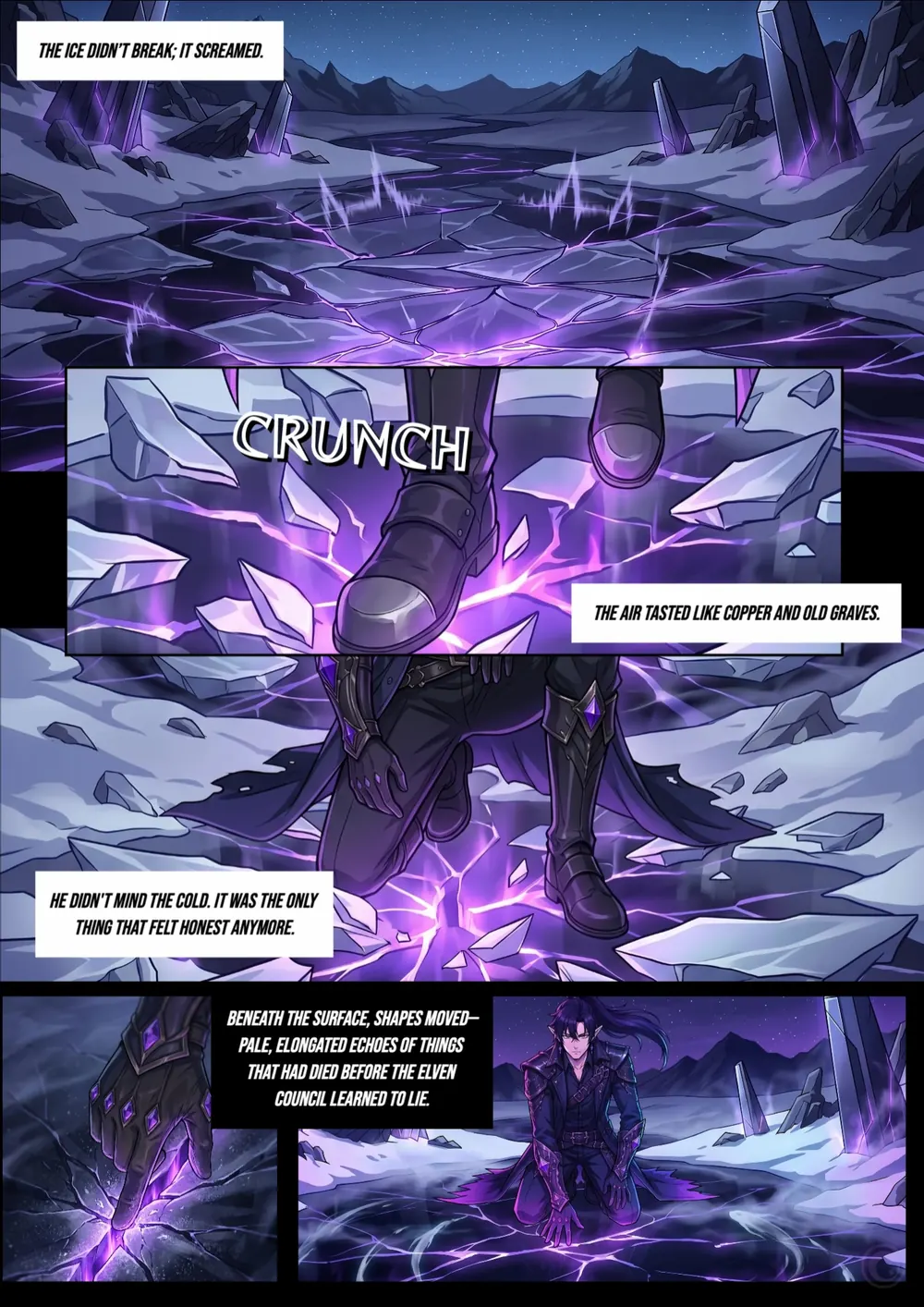 Motherland Adventures, The Outcast, page 2: ice cracking under violet light.