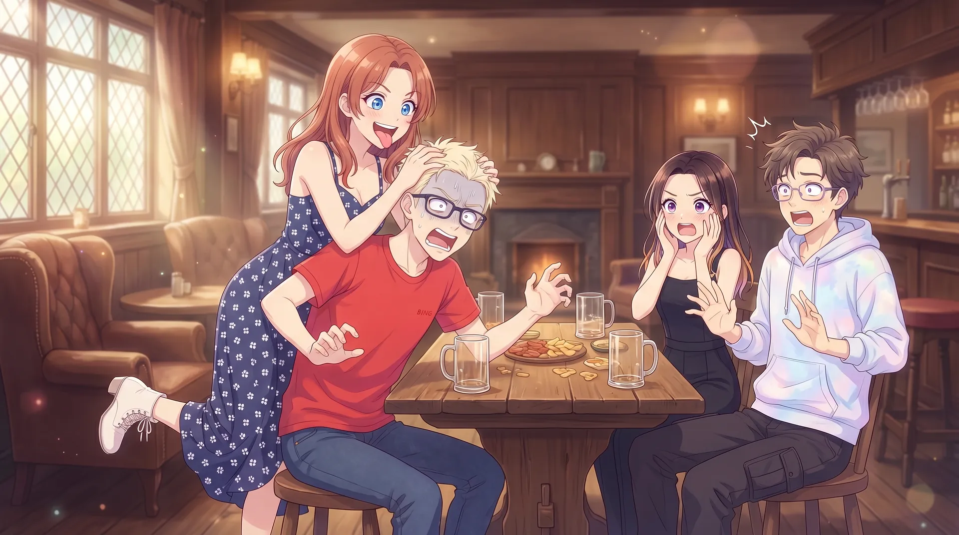 Pub Club key art: four friends laughing around a table in an old pub.