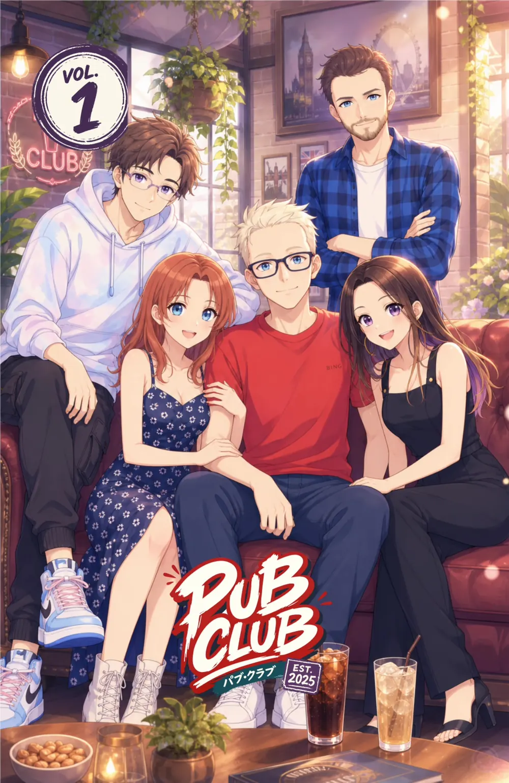Pub Club, volume 1: the cover, the five friends on a sofa.